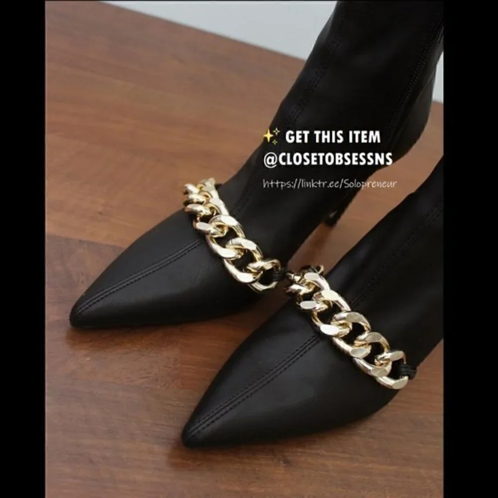 Zara Black Pointed Toe Stiletto Ankle Boots with Gold Chain